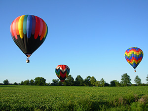 colorful hot air balloons lifting off the 
	ground