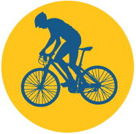 A flat sihouette of a person mountain biking.