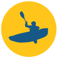 A flat sihouette of a person kayaking.