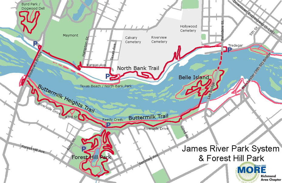 A map of James River Park System in Richmond Virginia with a red outline of the trails.